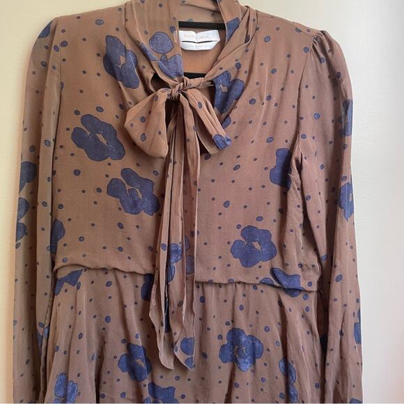 See by Chloe brown navy floral print tie neckline dress SIZE 36, 2-4 - Picture 4 of 7